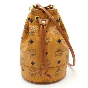 MCM Visetos Drawstring Shoulder Bag Cognac Brown Leather